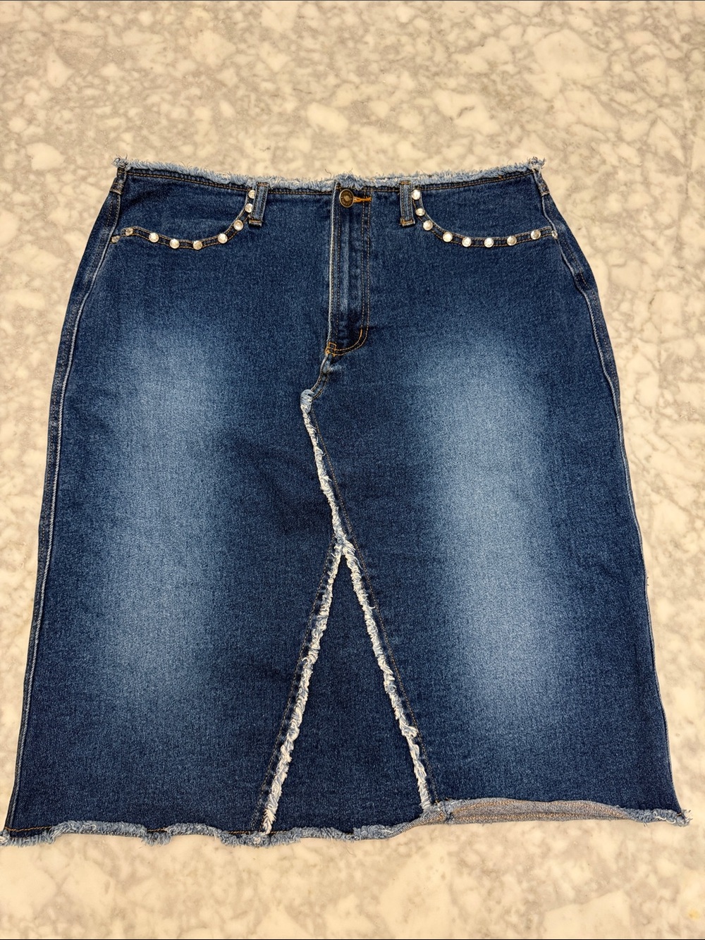 Arianne Dark Blue Denim Midi Skirt with Frayed Front Split and Stud Accents